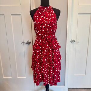 Women's Dress, Red w/black and white polka dots, NWOT, M, Tiered Ruffle, Halter